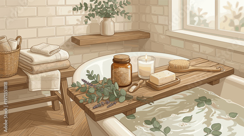 Serene bathroom scene illustration featuring a tub with natural accessories like eucalyptus, lavender, and bath salts. Ideal for spa and relaxation themes.