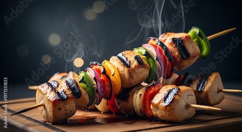 Two grilled chicken and vegetable skewers with visible smoke on wooden board.