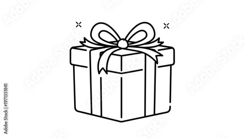 Beautifully wrapped gift box with a large ribbon bow shown in a simple line art style for celebrations and holidays.