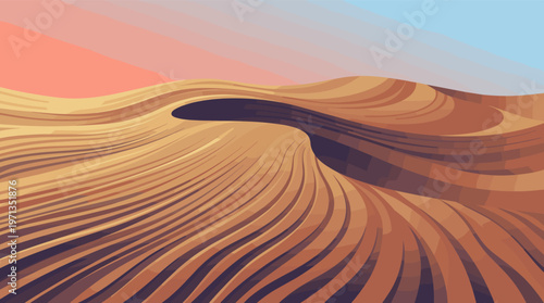 A modern vector illustration of a desert landscape at sunset. Serene sand dunes with clean lines create a tranquil, minimalist scene. Ideal for travel, nature, or abstract concepts.