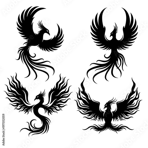 Set of Phoenix Bird Silhouettes - Mythical Firebird Vector Collection