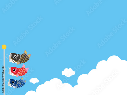 青空と入道雲と3匹のかわいい鯉のぼりの背景イラスト（黒・赤・青）