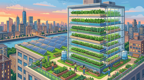 Illustration of a futuristic sustainable city with urban agriculture. A rooftop garden with solar panels and a vertical farm shows a green, eco-friendly future.