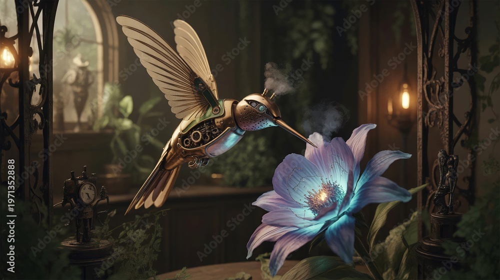 Naklejka premium Steampunk Hummingbird Hovering Near Glowing Flower in Dark Garden