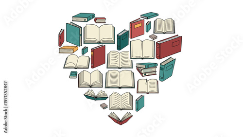 Collection of various books arranged in the shape of a large heart symbolizing a love for reading and literature on a white backdrop.