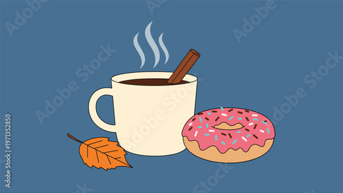Cozy fall scene featuring a mug of hot coffee with a cinnamon stick, a pink frosted donut with sprinkles, and an autumn leaf.
