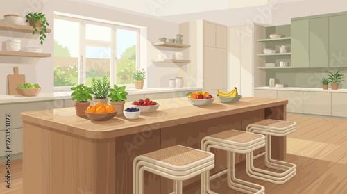 A bright, sunny kitchen interior illustration. Features a wooden island with fresh fruits, berries, and herbs. Perfect for healthy eating, home design, and lifestyle concepts.