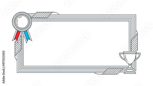 Simple rectangular frame design with a winner's ribbon in the top left corner and a trophy cup in the bottom right corner.