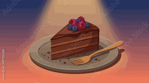 An illustrated slice of rich chocolate layer cake with fresh raspberries and blueberries on a plate. Warm spotlight lighting creates a cozy, indulgent mood for a menu or blog.
