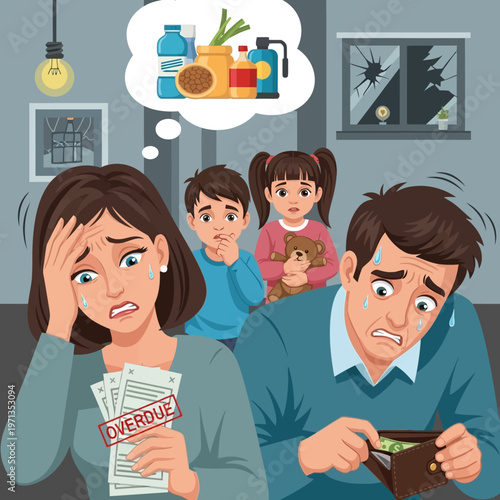 Worried family struggling with financial bills.