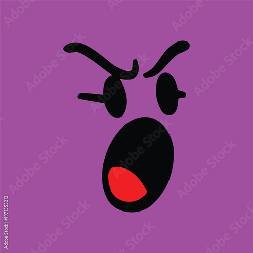 Angry face vector illustration with open mouth and frowning eyebrows on purple background
