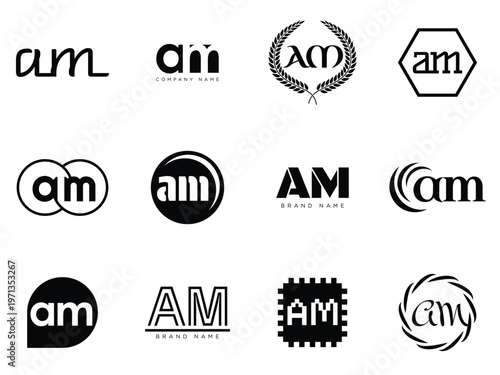 AM logo company template. Letter a and m logotype. Set different classic serif lettering and modern bold text with design elements. Initial font typography.