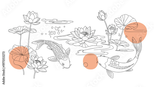 Traditional Japanese style drawing of two koi fish swimming among blooming lotus flowers and leaves with soft peach-colored circles.