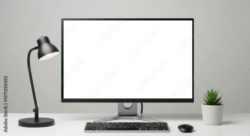 Fototapeta premium A modern workspace setup with a black monitor, keyboard, and mouse on a white desk.