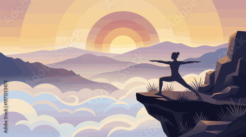 Silhouette of a woman in warrior yoga pose on a mountain cliff at sunrise. A tranquil vector illustration for wellness, mindfulness, and spiritual concepts.
