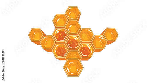 Cluster of golden honeycomb cells filled with dripping honey and reflecting light, isolated on a clean white background.