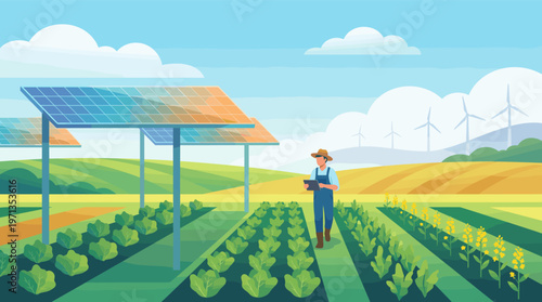 Modern farmer managing crops with a tablet on a smart farm featuring solar panels and wind turbines. Represents agritech, renewable energy, and sustainable farming.