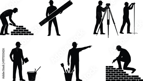 construction worker silhouettes set masonry surveyor engineer tools building labor industrial people black isolated vector illustration collection