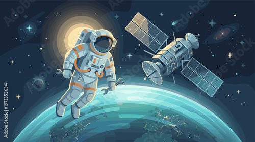 An astronaut performs a spacewalk to repair a satellite in orbit above planet Earth. Vector illustration for technology, science, communication, and exploration themes.