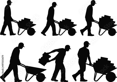 construction worker wheelbarrow silhouettes carrying bricks labor builder industrial transport manual work people black isolated vector illustration set