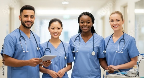 Four healthcare professionals standing in a hospital corridor.