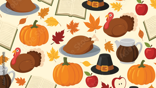 Festive pattern for Thanksgiving featuring turkeys, pumpkins, autumn leaves, apples, roasted poultry, books, and pilgrim hats.