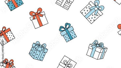 Seamless pattern of various gift boxes with ribbons and bows in blue, white, and coral colors on a plain white background.