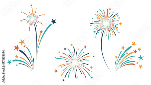 Set of colorful fireworks explosions with stars and trails in orange, red, blue, and yellow isolated on a white background.