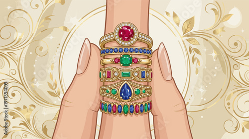 Illustration of a manicured hand wearing luxurious gold rings with diamonds, rubies, sapphires, and emeralds on an elegant, ornate gold background. For luxury and fashion concepts.