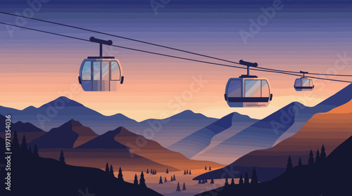 A serene flat vector illustration of cable cars over a mountain range at sunset. Perfect for travel, tourism, and adventure-themed backgrounds or websites.