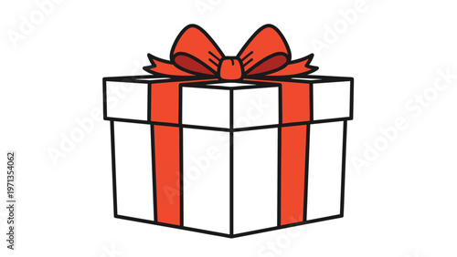Simple cartoon illustration of a white gift box wrapped with a vibrant red ribbon and topped with a large festive bow.