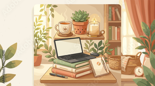 Cozy illustration of a home office. Laptop with blank screen, books, coffee, and plants create a warm, peaceful mood for study or remote work concepts.