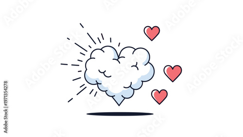 Whimsical illustration of a fluffy heart-shaped cloud emitting light rays and surrounded by small floating pink hearts.