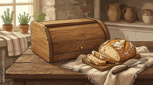Illustration of a rustic kitchen with sliced homemade bread on a wooden table. Cozy, warm atmosphere perfect for bakeries, food blogs, or concepts of traditional living.