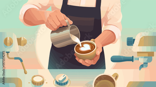 Vector illustration of a barista pouring steamed milk, creating a heart shape in a coffee cup. Ideal for cafes, menus, coffee branding, and food blogs.
