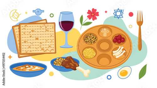 Traditional Jewish Passover Seder items including matzah bread a wine goblet and a symbolic plate with ceremonial foods.