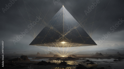 golden glowing pyramid with energy lines futuristic abstract concept