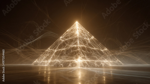 golden glowing pyramid with energy lines futuristic abstract concept