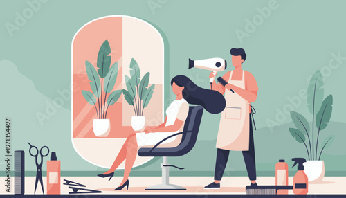 Flat vector illustration of a hairstylist blow drying a female client's hair in a modern salon. Ideal concept for beauty, wellness, self-care, and small business marketing.