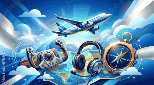 A dynamic illustration of air travel featuring an airplane, pilot's yoke, headset, and compass over a world map. Perfect for aviation, tourism, and global business concepts.