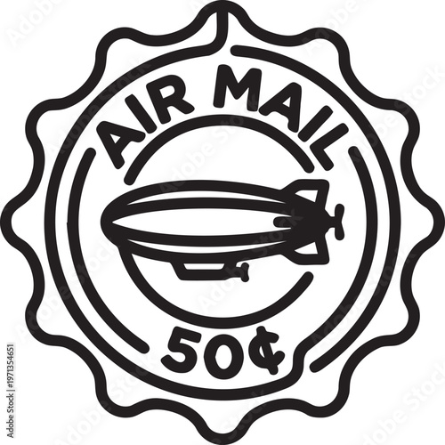 Vintage air mail postage stamp with blimp airship and price notation.