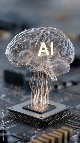 futuristic artificial intelligence brain glowing on processor with neural network
