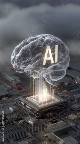 futuristic artificial intelligence brain glowing on processor with neural network