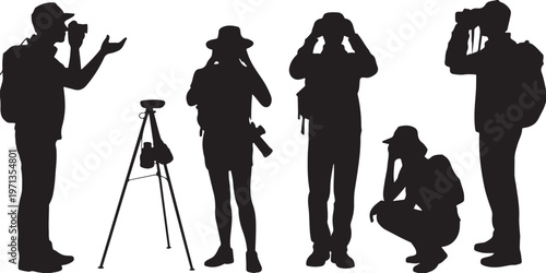 hiker silhouettes six explorers with binoculars and backpacks