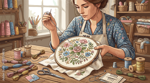 A calm woman in a rustic workshop carefully embroiders a floral design. This image is perfect for concepts like handmade crafts, hobbies, slow living, and small business.