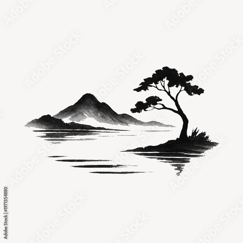 Serene ink landscape with tree.