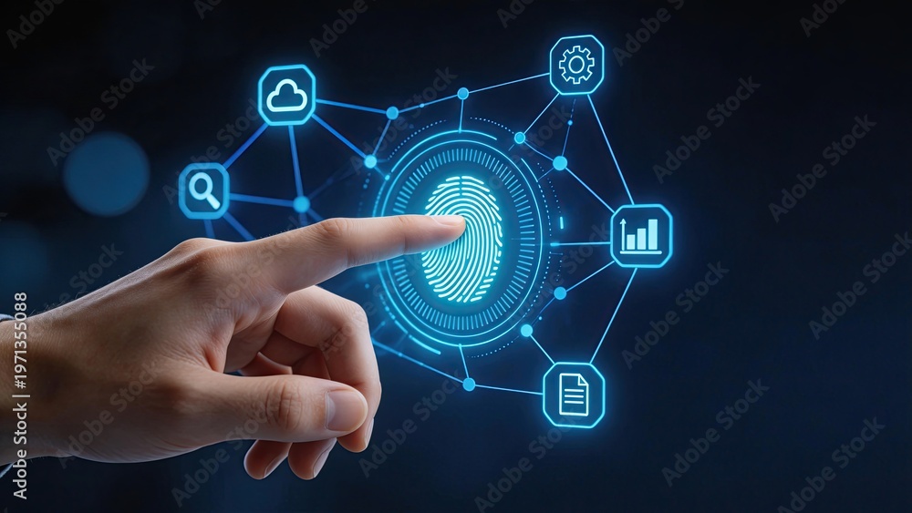 Fototapeta premium Futuristic biometric security concept with human hand touching holographic fingerprint scanner digital identity verification data protection cyber safety network connection cloud