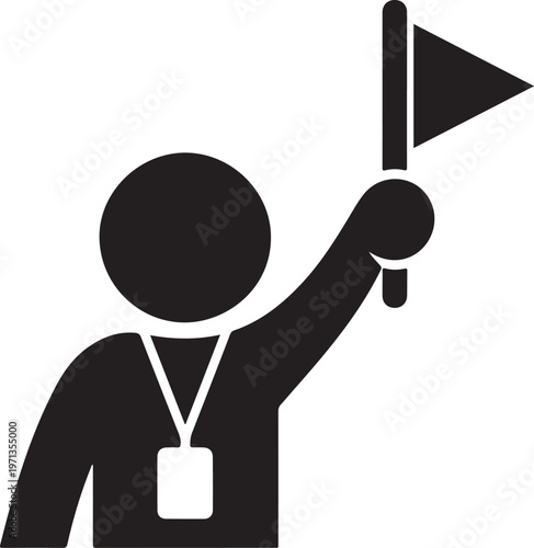 guide icon person holding flag with badge and lanyard silhouette