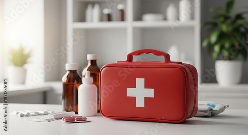 Red first aid kit with medications on a white surface
