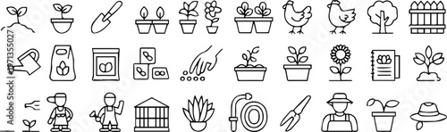 gardening simple icons seed gloves wheelbarrow chicken tree fence